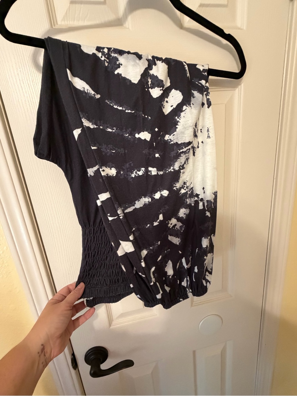 Black & White Tie-Dye Women's Top - Smocked Waist